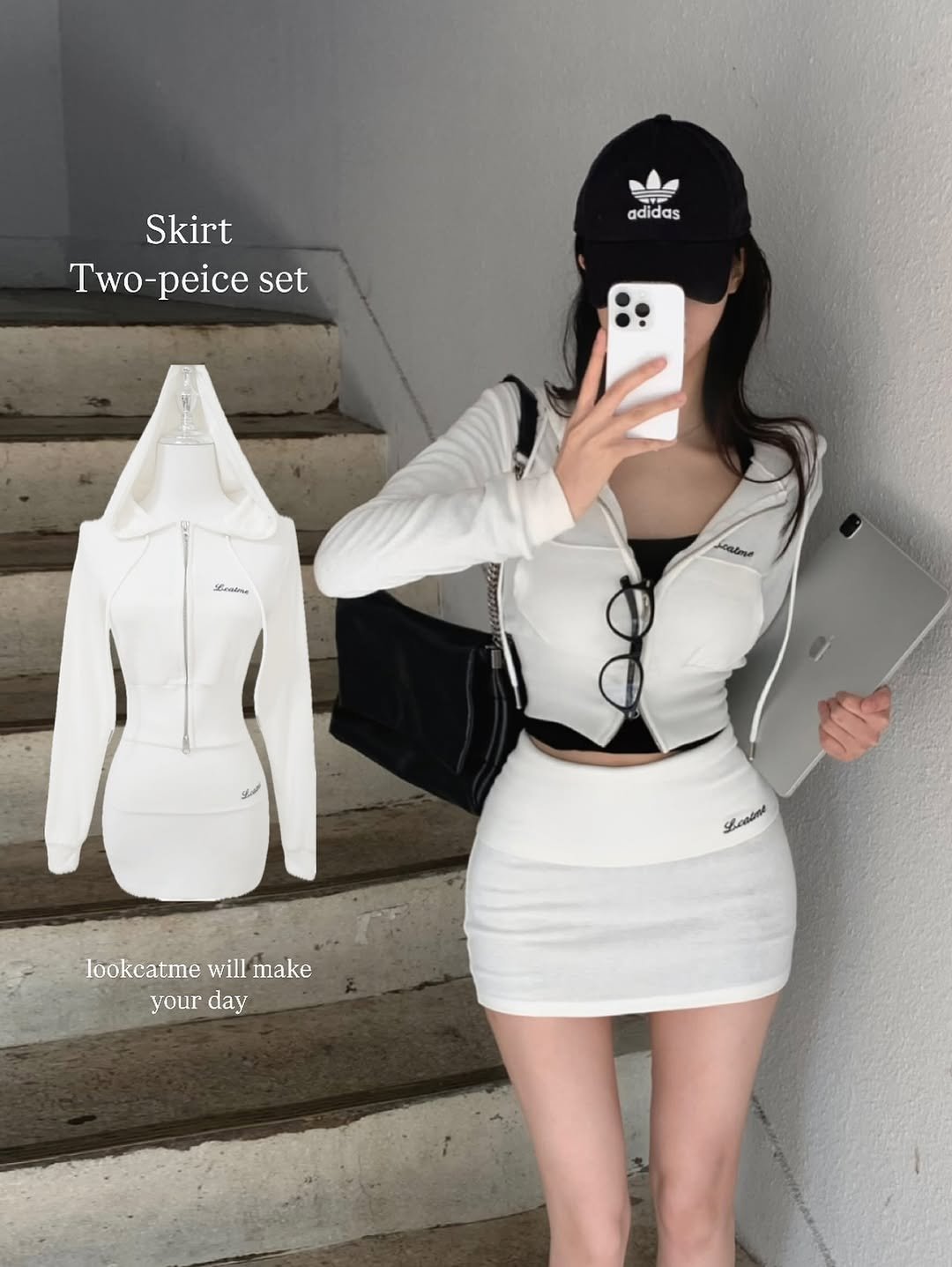 Photo shared by 룩캣미ㅣ징니🐈 on April 21, 2025 tagging @look.cat.me_. May be an image of 1 person, drawstring, top, dress, miniskirt and text that says 'Skirt Two- Two-peice peice set adidas SEeabme ပမ်တ Sheodne lookcatme lookcatmewill'make will make your yourday day'.