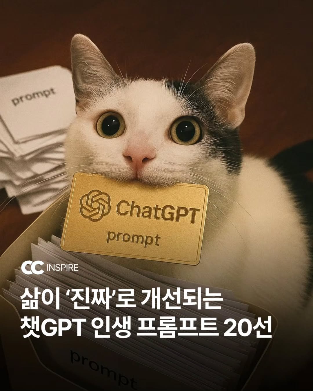 Photo by 큐레이션 클럽 | 패션 • 문화 • 영감 on June 05, 2025. May be an image of kitten, Abyssinian cat and text that says 'prompt Dr rompt S ChatGPT prompt INSPIRE 삶이 '진짜'로 개선되는 첫GPT 인생 프롬프트 20선'.