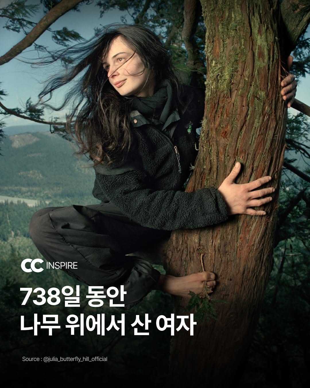 Photo by 큐레이션 클럽 | 패션 • 문화 • 영감 on June 26, 2025. May be an image of 1 person, poster, outdoors and text that says 'INSPIRE 738일 동안 나무 위에서 산 위에서산여자 여자 Source:@julia_ Source @ju _butterfiy_hilL_official Source:@juia_buteioia butterfl'.