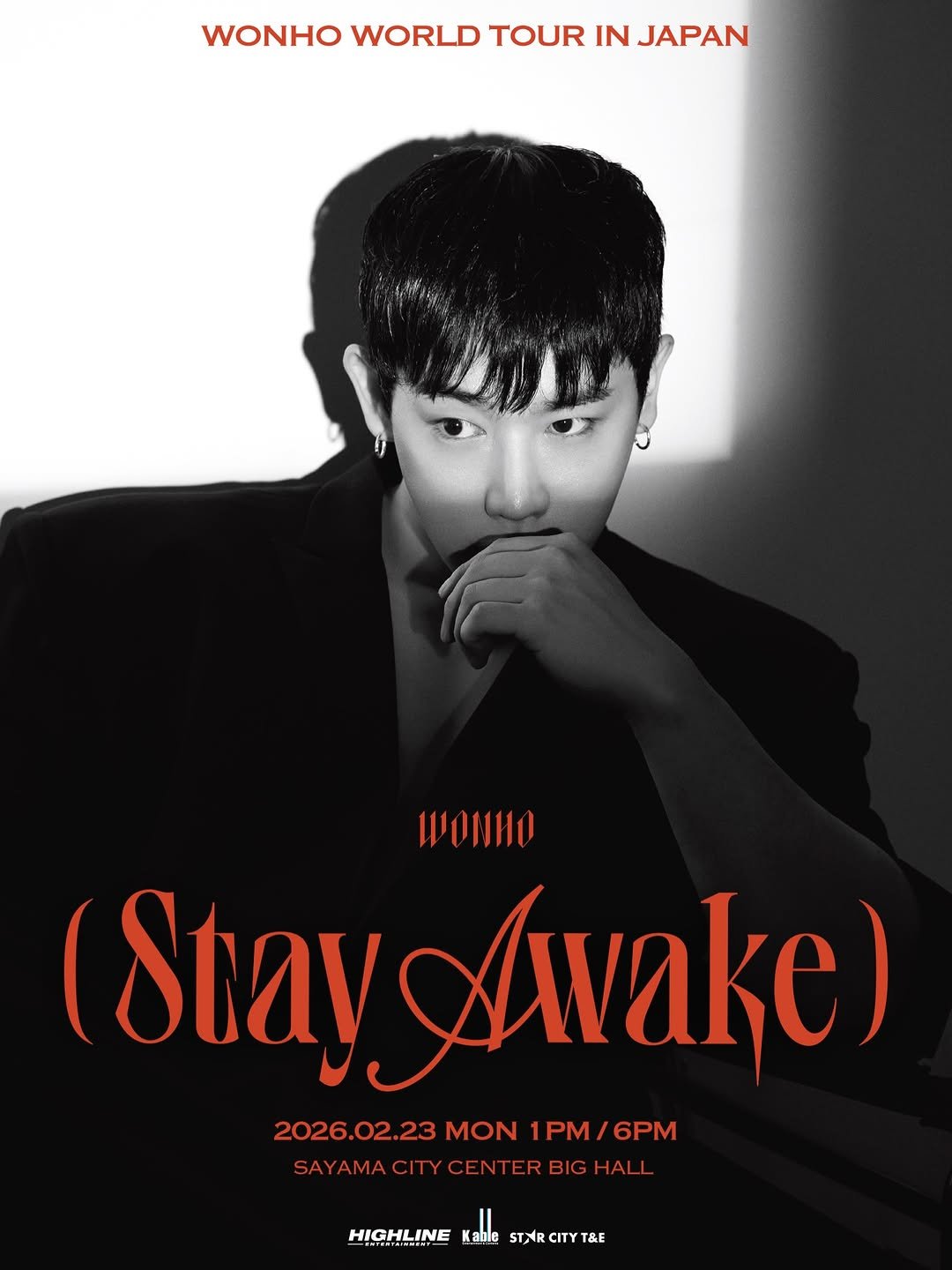Photo shared by WONHO official on January 01, 2026 tagging @official_highline, and @iwonhoyou. May be an image of poster, magazine and text that says 'WONHO WORLD TOUR IN JAPAN WONHO (Stay Avake) 2026.02.2 23 MON 1PM/6PM 1PM /6PM SAYAMACITYCENTERBIGHALL SAYAMA TER BIG HALL HIGHLINE Kable HIGHLINEKMTARCIYTAE STNR STNRCITYT&E &E'.