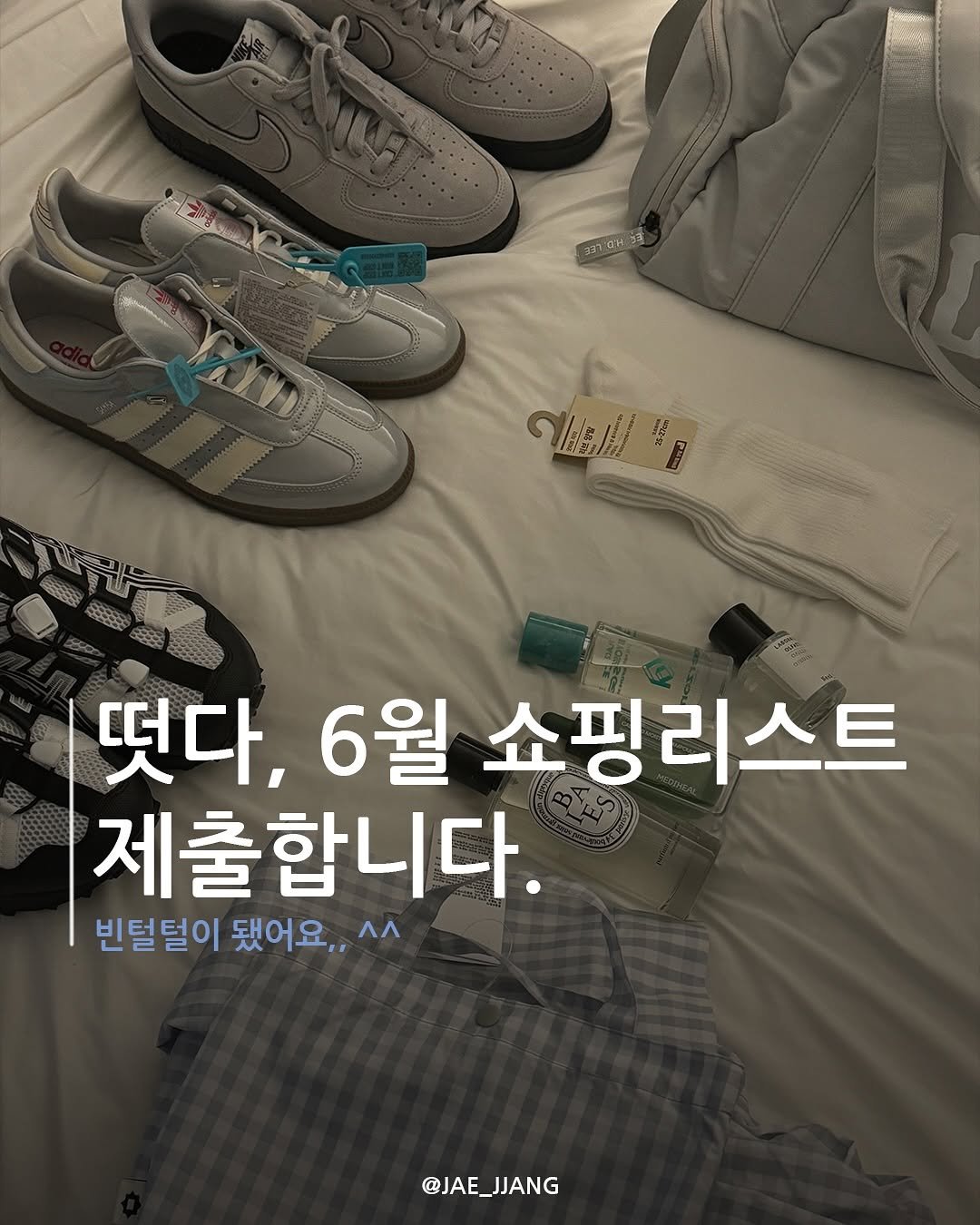 Photo by 재짱 on June 24, 2025. May be an image of text that says '2000 扫 떳다, 6월 쇼핑리스트 제출합니다. 빈털털이 됐어요,, 빈털털이됐어요..^^ , ^^ @JAE_JJANG @JAE_ _JJANG'.