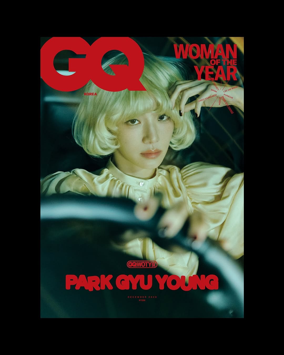 Photo shared by GQ KOREA on November 15, 2025 tagging @gucci, and @lavieenbluu. May be pop art of one or more people, bangs, magazine, poster and text that says 'WOMAN OFTHE OF THE YEAR 愛精 GQ OOWOTY® PARK PARKGYUYOUNG GYU YOUNG'.