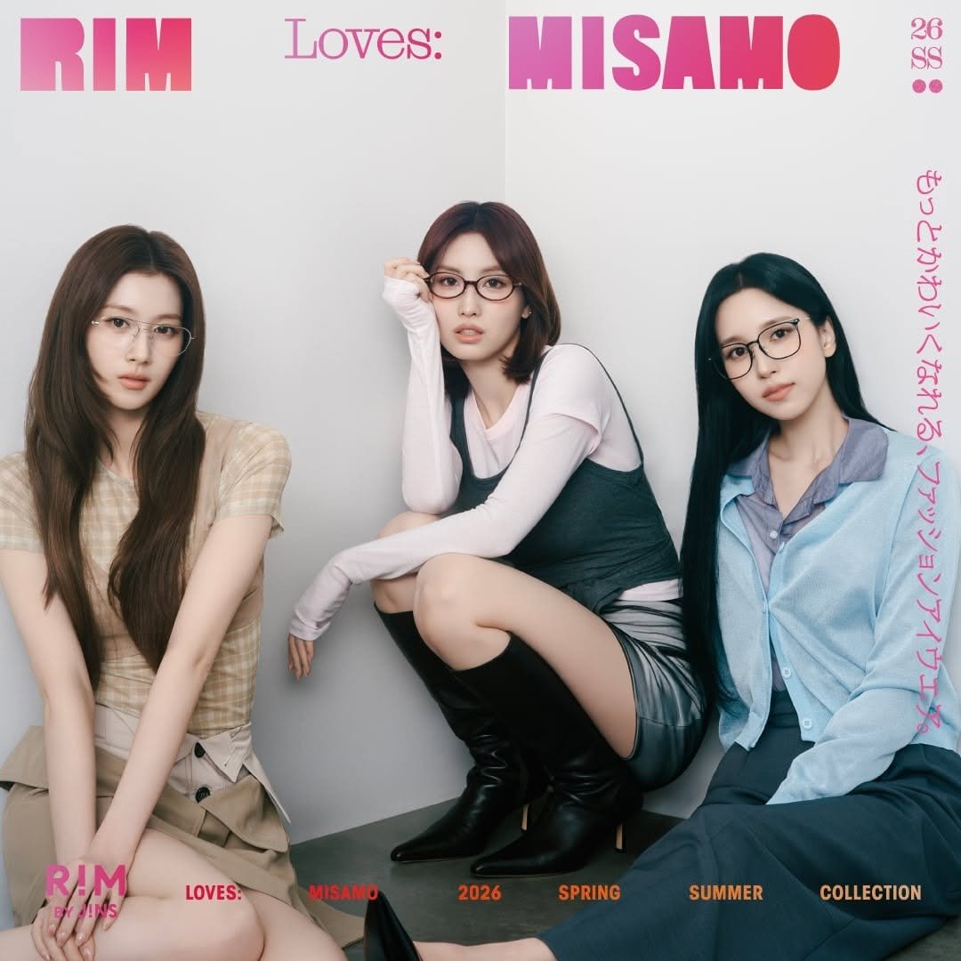Photo shared by RIM on February 23, 2026 tagging @m.by__sana, @mina_sr_my, and @momo. May be an image of one or more people, hair, eyeglasses, poster and text that says 'RIM Loves: MISAMO 26 SS ររា 1 2 LOVES: RIM သု MISAMO 2026 SPRING SUMMER COLLECTION'.