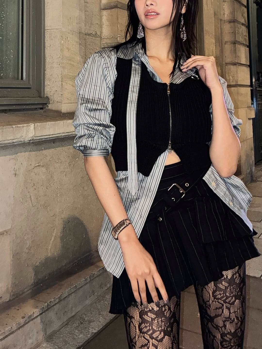 Photo shared by NATTY (( 나띠 )) on October 02, 2025 tagging @bekkerkim, and @isabelmarant. May be an image of 1 person, fishnet stockings, miniskirt, dress and text.