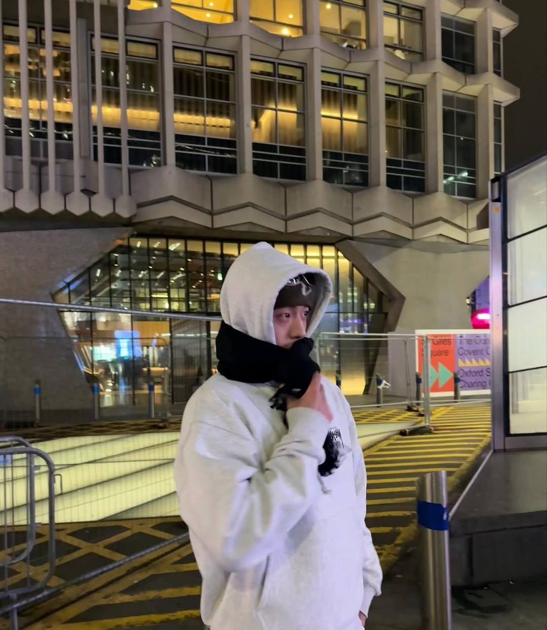 Photo by 남주혁 on October 25, 2025. May be an image of duffle coat, face mask, parka, cloak, sweatpants and night.