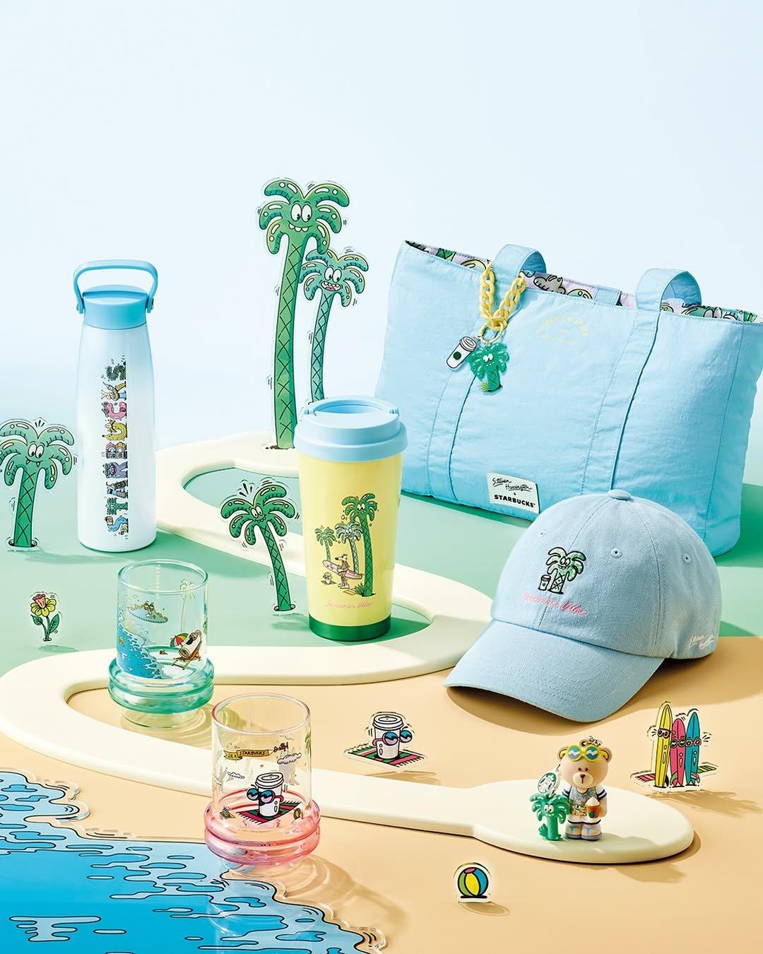 Photo by 스타벅스 코리아 on August 13, 2025. May be an image of water bottle, palm trees and text.