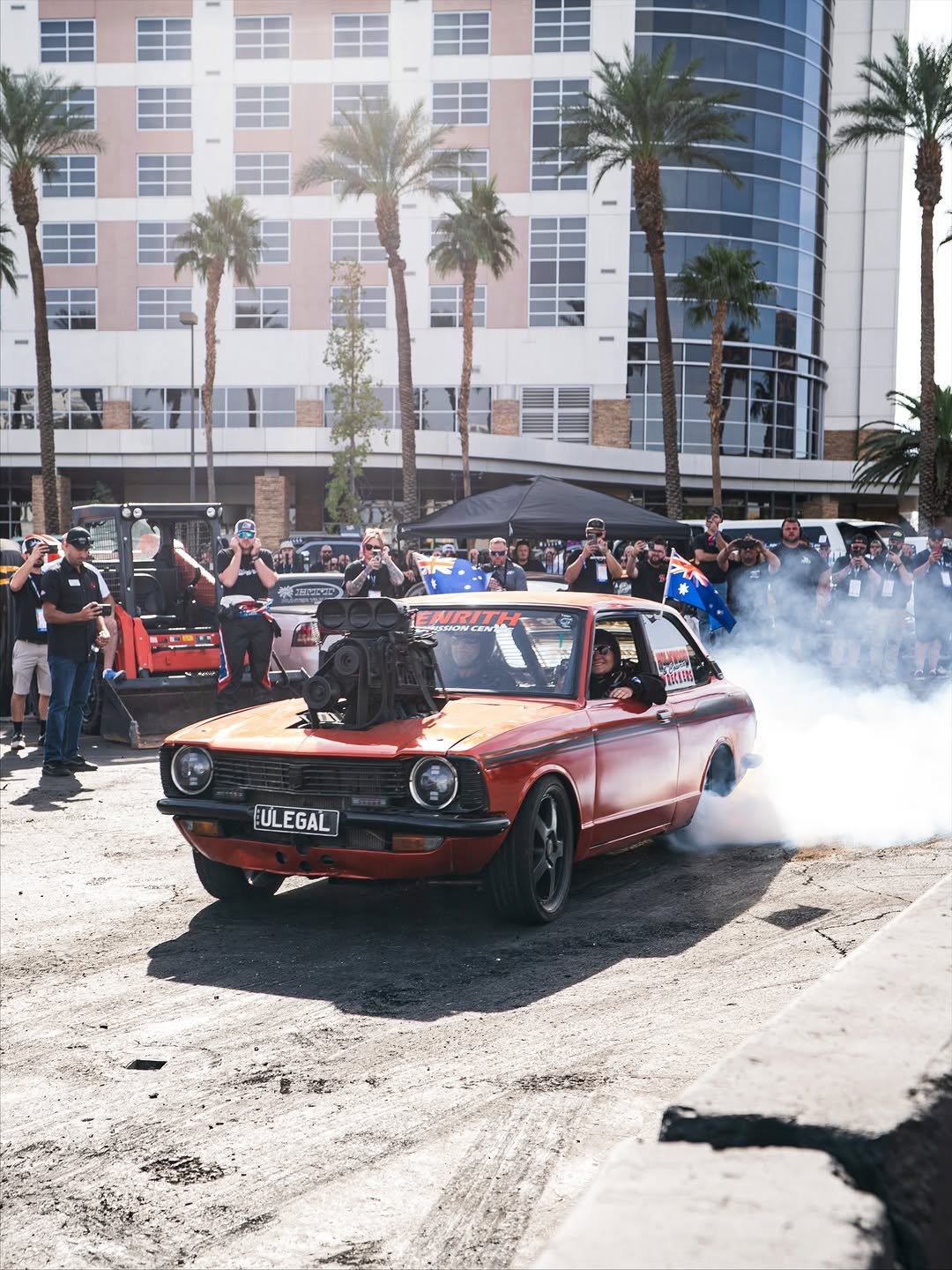 Photo shared by Hoonigan Industries on November 20, 2025 tagging @ulegal_brashernats, and @burnoutwars. May be an image of racing vehicles, race car, blower and text.