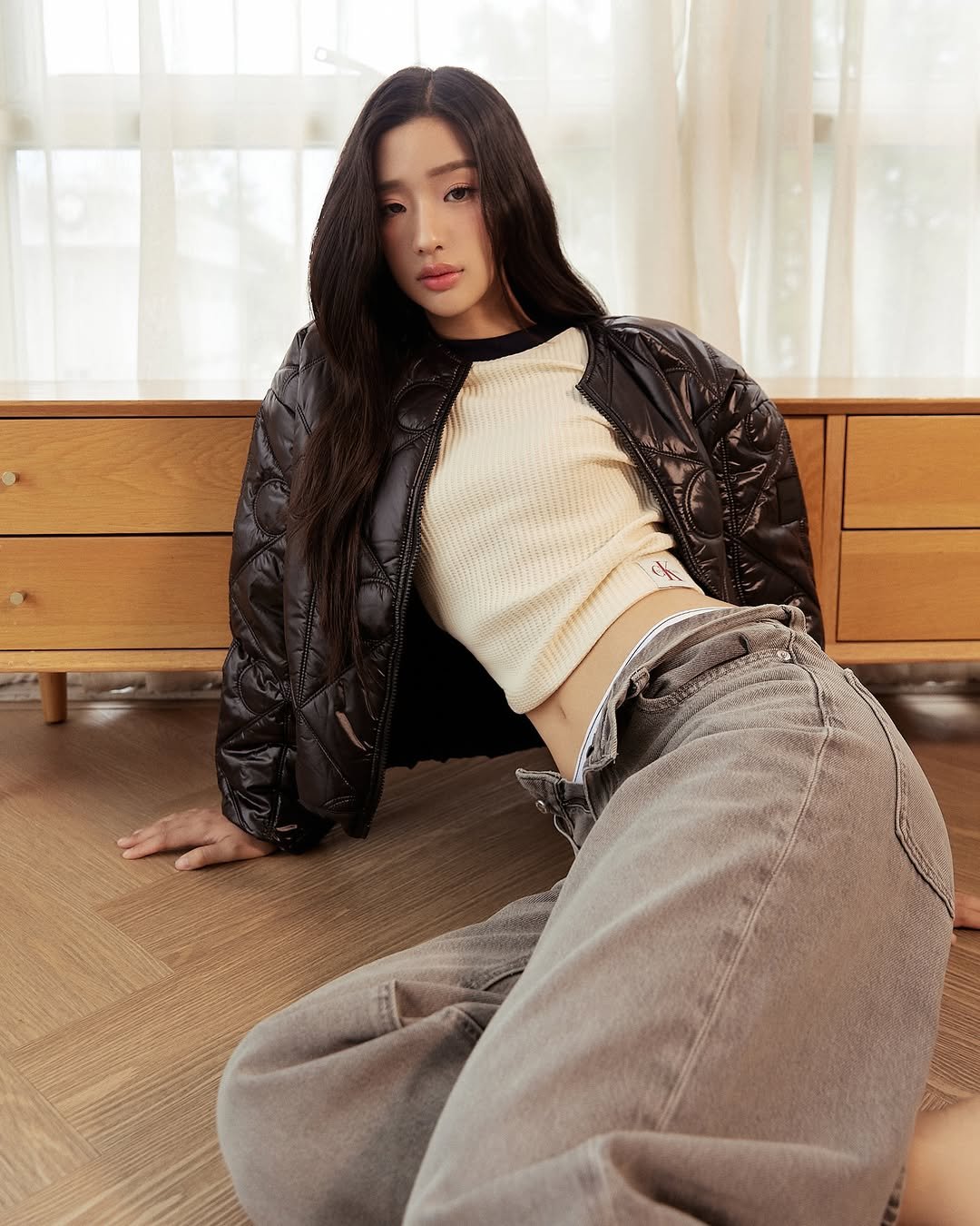 Photo shared by ตู / t u on November 11, 2025 tagging @calvinklein. May be an image of one or more people, hair, outerwear, top and text.