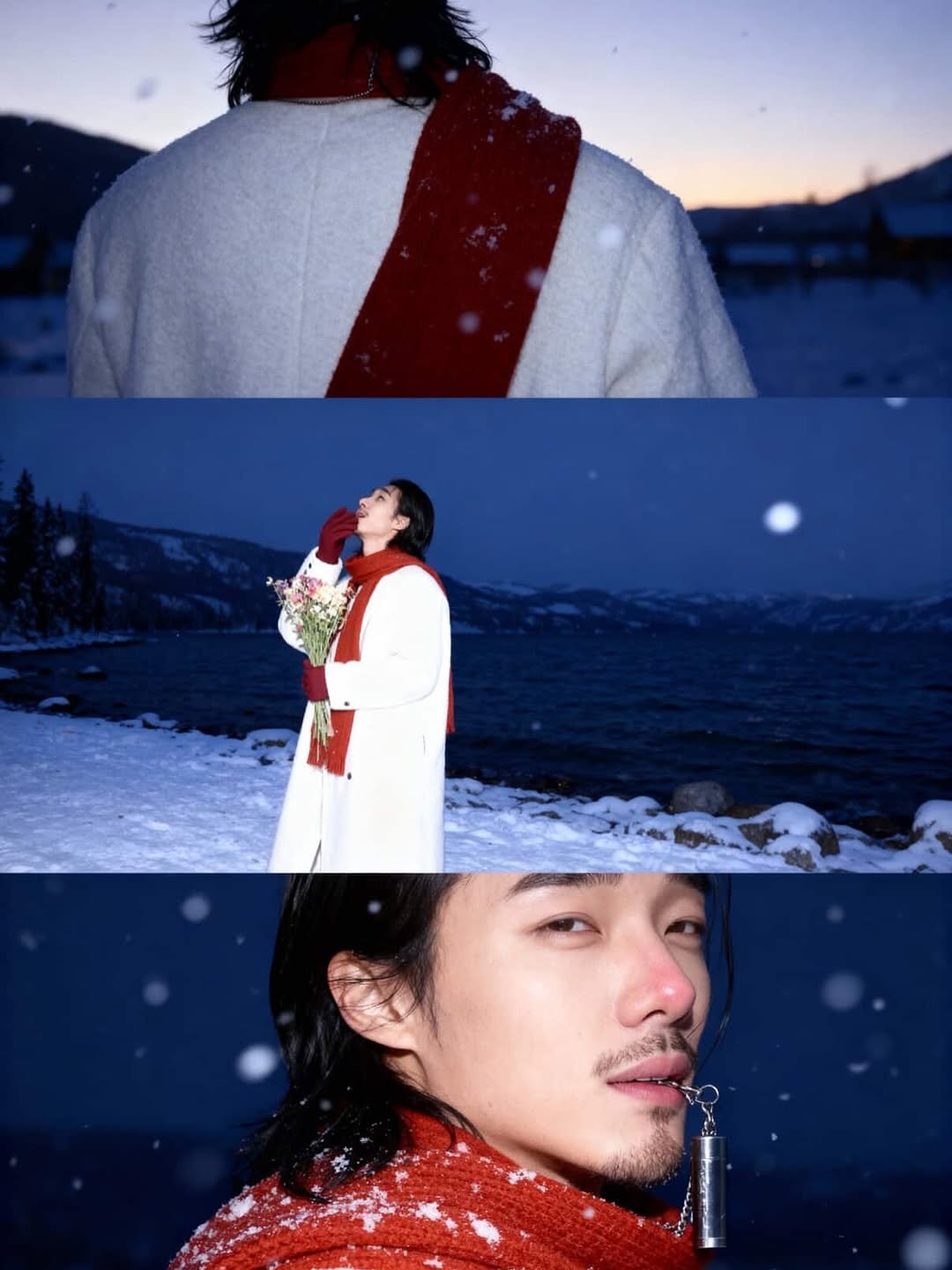 Photo by 비 르 on November 05, 2025. May be an image of one or more people, beard, bath robe, sweater, snow and text.