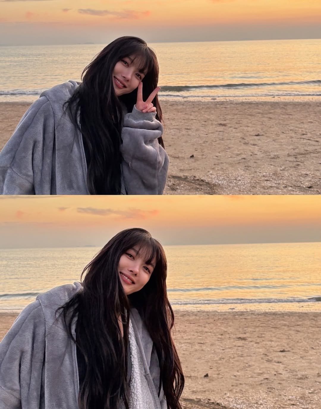Photo by 김유정  KIM YOU JUNG 🇰🇷 on November 22, 2025. May be an image of one or more people, hair, duffle coat, parka, top, beach and text.